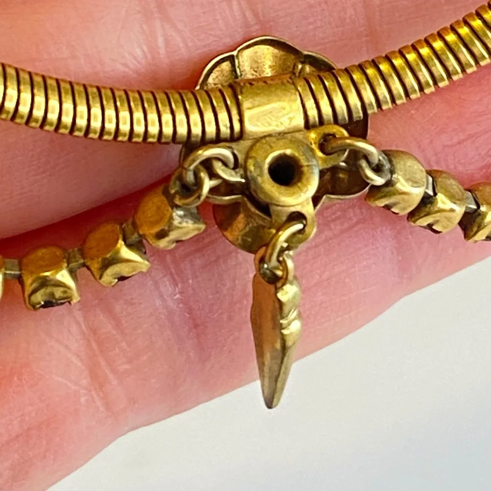Vintage Gold‎ Filled Blue Rhinestone Festoon Snake Chain Spike Necklace 15